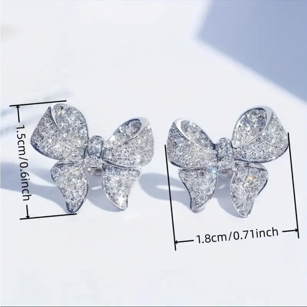 Simulated Diamond Bow Knot Stud Earrings 14K White Gold Plated Sparkle NWT - Picture 3 of 3